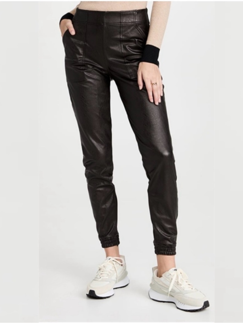 SPANX Black Faux Leather Joggers Black Size Large